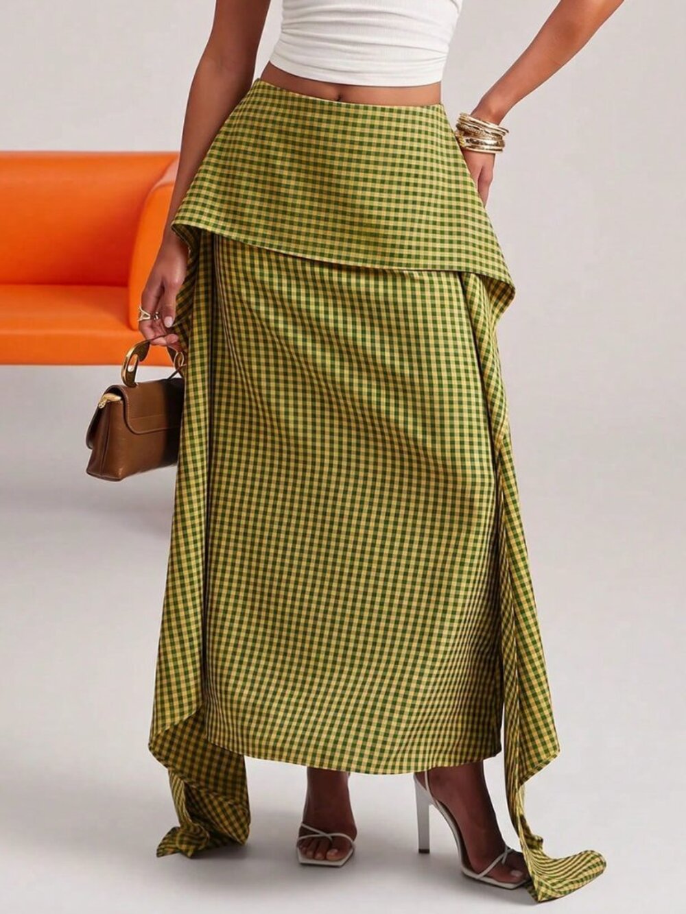 Yellow Casual Women's Gingham Tiered Flare Midi Skirt